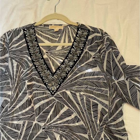MICHAEL KORS Palm Print Sheer Embellished V Neck Top Size XL - Picture 9 of 10